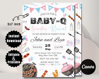 Baby-Q Babypartyeinladung: Garten-Grillen, bearbeitbare Canva-Vorlage (13 x 18 cm, PDF-Download)