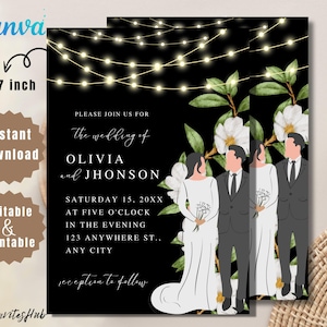 Pode incluir: Convite de casamento preto com texto branco e detalhes florais. O convite diz "Por favor, junte-se a nós para o casamento de Olivia e Jhonson, sábado 15, 20XX às cinco da tarde, 123 Anywhere St., Any City, recepção a seguir."