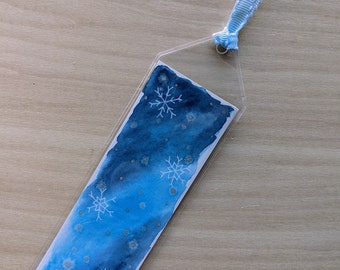 Holiday Snowflakes Bookmark - Hand painted with watercolor in a plastic sleeve for protection - Winter Reading Gift - Booktok