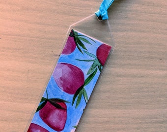 Summer Strawberries Bookmark - Hand painted with watercolor in a plastic sleeve for protection - Reading Gift - Booktok