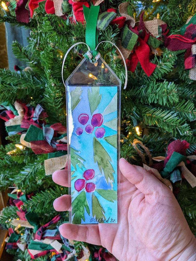 Holiday Holly Bookmark Hand painted with watercolor in a plastic sleeve for protection Winter Reading Gift Booktok image 3