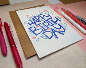 Happy Birthday Card with Flowers and Purple Lettering - Card for Her, Pretty Birthday Card