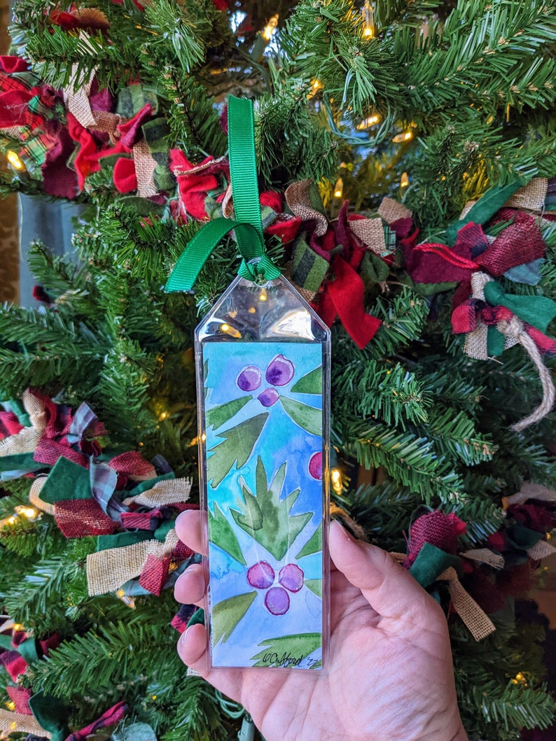 Holiday Holly Bookmark Hand painted with watercolor in a plastic sleeve for protection Winter Reading Gift Booktok image 2