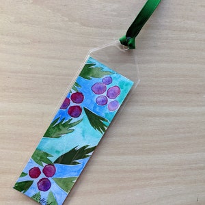 Holiday Holly Bookmark Hand painted with watercolor in a plastic sleeve for protection Winter Reading Gift Booktok image 6