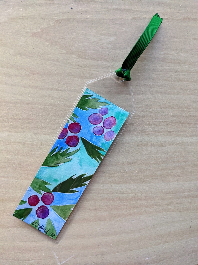 Holiday Holly Bookmark Hand painted with watercolor in a plastic sleeve for protection Winter Reading Gift Booktok image 6