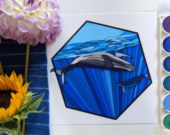 Stained-glass whale mother and baby illustration - Hand-Illustrated