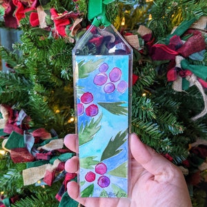 Holiday Holly Bookmark Hand painted with watercolor in a plastic sleeve for protection Winter Reading Gift Booktok image 1