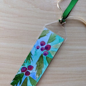 Holiday Holly Bookmark Hand painted with watercolor in a plastic sleeve for protection Winter Reading Gift Booktok image 4