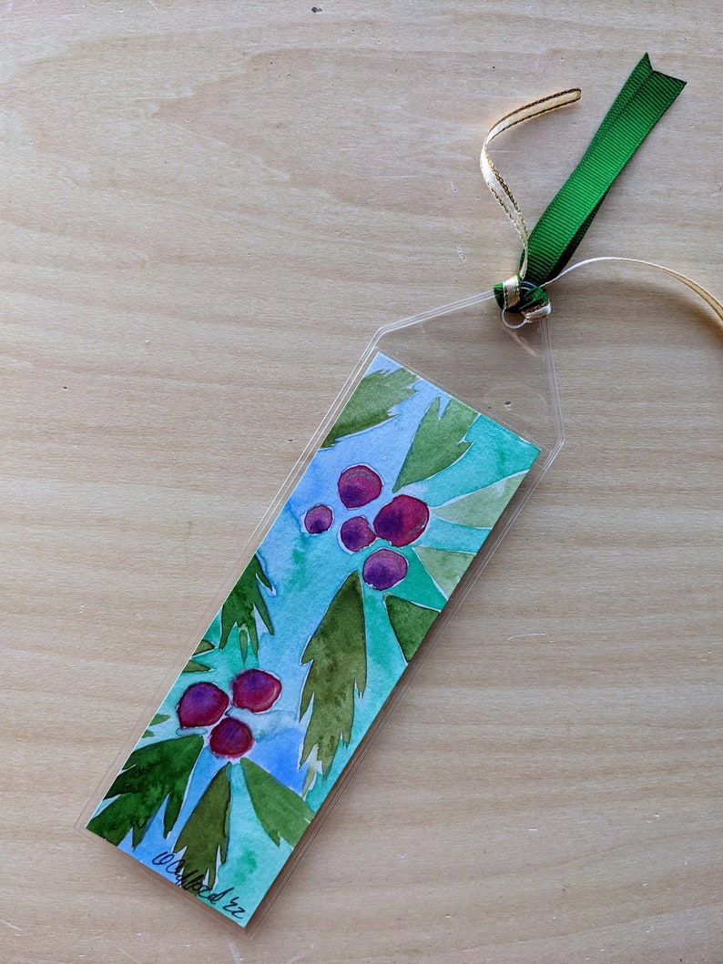 Holiday Holly Bookmark Hand painted with watercolor in a plastic sleeve for protection Winter Reading Gift Booktok image 4