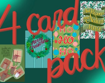 Four Holiday Card Pack - Cards with envelopes, Blank Inside, Merry Christmas wreath, Brown Paper Packages, Heaven and Nature Sing, Ho Ho Ho