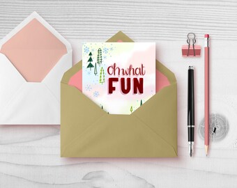 Oh What Fun Christmas Tree Forest Illustration Greeting Card - Christmas and Winter Holiday Greeting Card