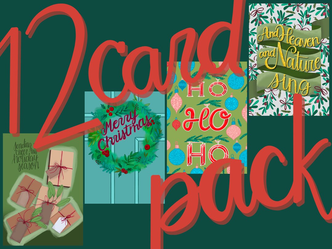 Twelve Holiday Card Pack Cards With Envelopes, Blank Inside, Merry Christmas Wreath, Brown Paper
