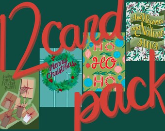 Twelve Holiday Card Pack - Cards with envelopes, Blank Inside, Merry Christmas wreath, Brown Paper Packages, Heaven and Nature Sing, Ho Ho