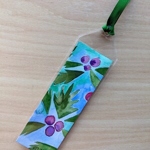 Holiday Holly Bookmark Hand painted with watercolor in a plastic sleeve for protection Winter Reading Gift Booktok image 5