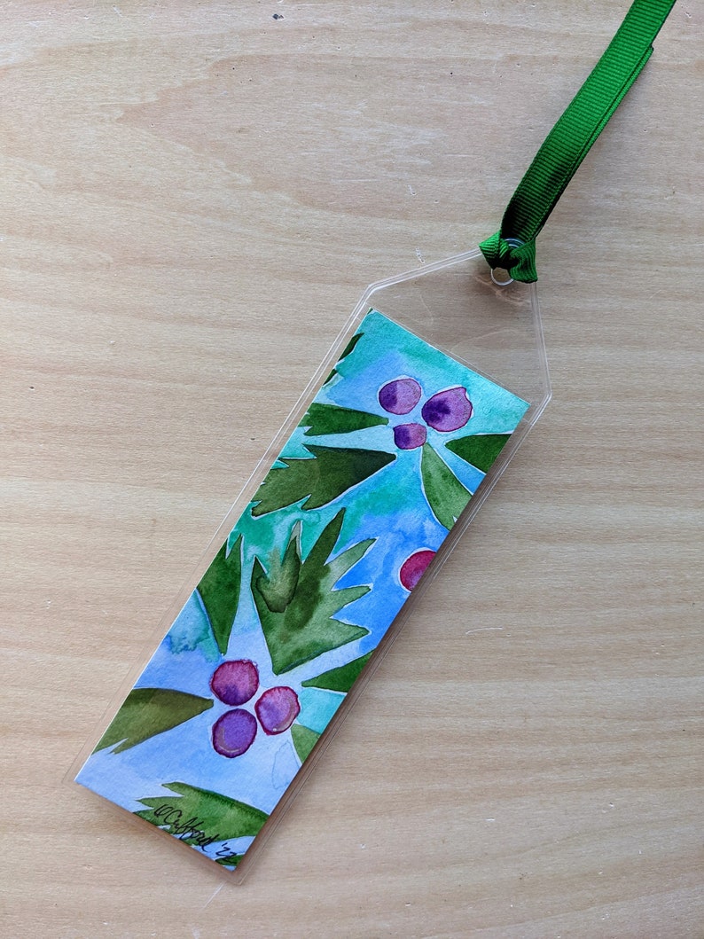 Holiday Holly Bookmark Hand painted with watercolor in a plastic sleeve for protection Winter Reading Gift Booktok image 5