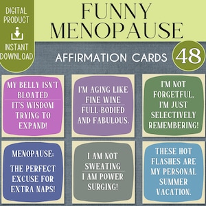 Lustige Menopause Affirmation für Midlife-Frauen | 48 druckbare Karten für Positivität, Vertrauensschub | Tägliche Stimmungsauffrischer Karten für Frauen über 40+