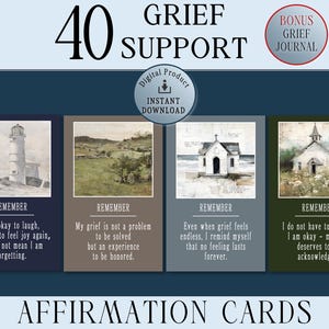 Cartes d'affirmation de soutien au deuil, réconfort et guérison, pleine conscience et soins personnels, jeu de cartes imprimable pour la force, journal de deuil bonus avec invites