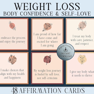 Tarjetas de afirmación para bajar de peso / Confianza corporal y amor propio / Motivación diaria, alimentación consciente / Baraja imprimible + Planificador adicional para bajar de peso