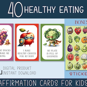 Cartes d'affirmation pour une alimentation saine pour les enfants, habitudes alimentaires amusantes et positives, nutrition, alimentation consciente, jeu de cartes à imprimer + autocollants amusants en prime