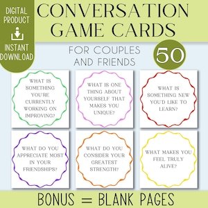 Gesprächsstarterkarten für Paare und Freunde | Tiefe Fragen Spiel | 50 druckbare Anweisungen + Bonus-leere Karten für persönlichen Spaß