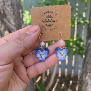 Micro Crochet Pansy Earrings, Dainty Blue Floral Drop Earrings with Pearl, Miniature Flower Jewelry, Handmade Cottagecore Accessory