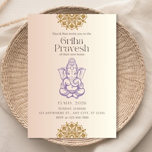 Uitnodiging Indiase housewarming, Griha Pravesh-uitnodiging, Pravesam-uitnodiging, Pooja-uitnodiging, digitale uitnodiging, bewerkbare sjabloon, Canva-sjabloon