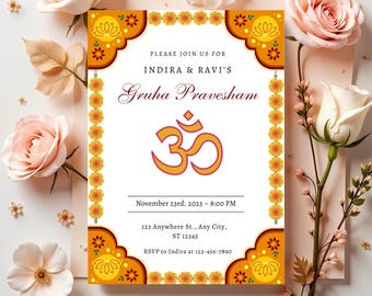 Griha Pravesh Invitation, Indian Housewarming invitation, gruha pravesam invite ,pooja invite,digital invitation, editable template