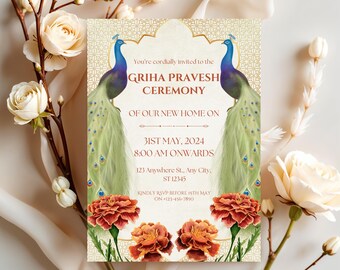 Griha Pravesh Invitation, Indian Housewarming invitation, gruha pravesam invite ,pooja invite,digital invitation, editable template