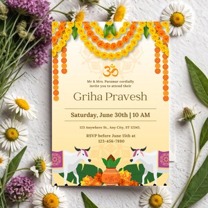 Faire-part indien pour pendaison de crémaillère, Gruha Pravesam traditionnel, Pooja, Griha Pravesh &lt; modèle de toile modifiable imprimable,