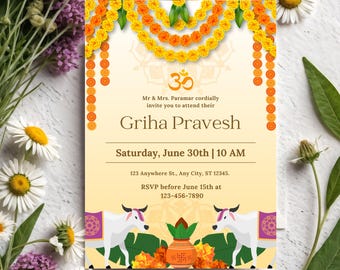 Indian Housewarming invitation,Traditional Gruha Pravesam ,Pooja invite, Griha Pravesh <Printable Editable Canva Template,