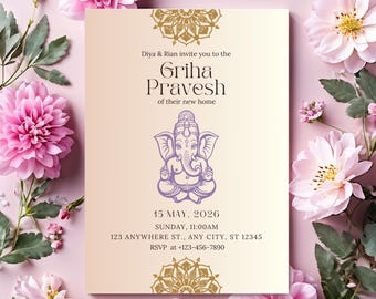 Indian Housewarming invitation,Griha Pravesh Invitation, Pravesam invite ,Pooja invite, digital invitation, Editable template,Canva template