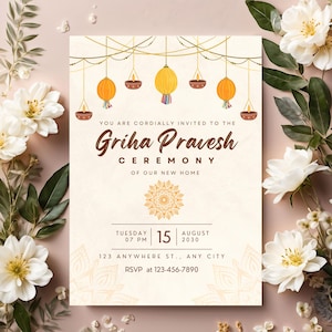 Invito Griha Pravesh, Inaugurazione della casa tradizionale indiana, Invito Gruha Pravesam, Festa Pooja, Modello digitale modificabile
