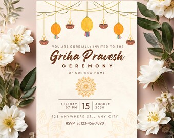 Griha Pravesh Invitation, Traditional Indian Housewarming, Gruha Pravesam Invite ,Pooja Party ,Digital Editable Template