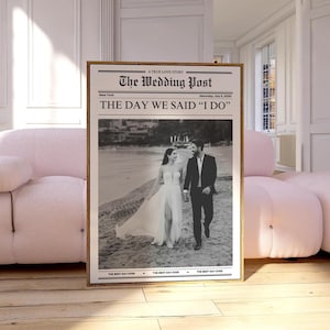 CUSTOM NEWSPAPER PRINT , Personalized Wall art Wedding Photo , Trendy Gift for Newlyweds , Digital Printable Download.