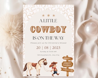 May include: A baby shower invitation with a cowboy theme. The invitation features a cartoon cowboy riding a horse with a sign that says "SALOON". The text on the invitation reads "A Little Cowboy is on the Way. Please join us for Christina's Shower 20 | 08 | 2023 Sunday at 10:00 AM 123 Anywhere St., Any City"