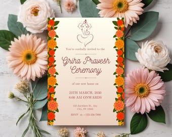 Indian Housewarming invite, Gruhapravesam Invite, Griha Pravesh Invite, Pooja Party, Hindu Housewarming, Puja Invite, Editable template.