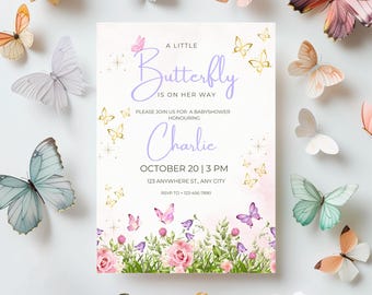 Butterfly Baby Shower Invitation: Little butterfly on het way, pastel (Editable Printable Template)