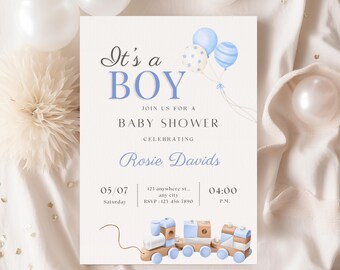 Boy Baby Shower Invite Blue | Dusty Blue Shower Invitation for Boy | Printable Editable Invitation Template | Baby Boy Party |