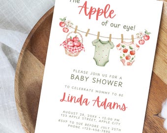 Inbjudan till babyshower med ginghamäpple: Rustikt hösttema (redigerbar digital mall DEL005)