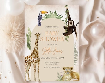 May include: A beige baby shower invitation with a jungle theme. The invitation features a giraffe, a lion cub, a toucan, and a monkey. The text on the invitation reads "Join us for a Baby Shower Honoring Stella Jones on June 19th at 2 PM. At 123 anywhere st... any city, st 12345 RSVP to 123.456.7890"