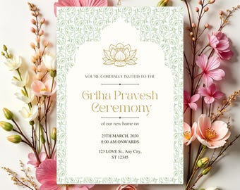 Indian Housewarming invitation,Griha Pravesh Party , Pravesam gathering ,Pooja invite, digital invitation, Editable template,Canva template
