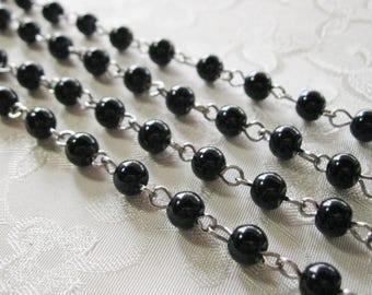 Black Glass Pearl 6mm Beaded Rosary Chain Silver 961-06(20)