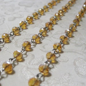 One Meter 39.5" Faceted Golden Honey Rondele Glass 4mm x 6mm Beaded Rosary Chain Silver 974-03 (4)