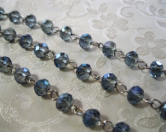 Faceted Sapphire Blue AB Rondelle Glass 6 x 8mm Beaded Rosary Link Chain Antique Silver, Larger Discounted Quantity Options 988-03(23)