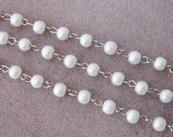 White Glass Pearl 6mm Beaded Rosary Link Chain Silver Bead Chain Larger Discounted Quantity Options 961-01(52)