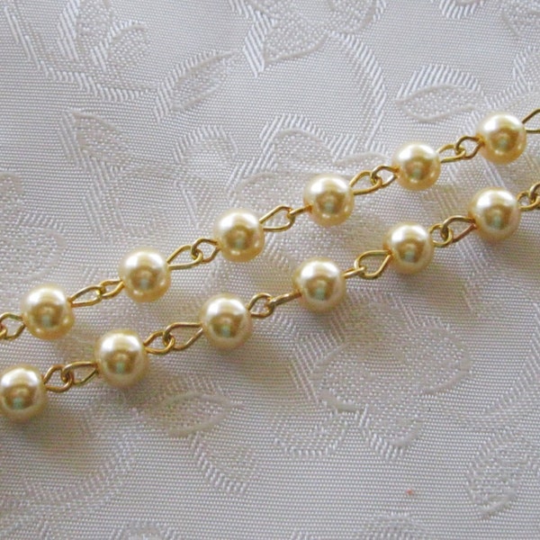 Gold Glass Pearl 6mm Beaded Rosary Link Chain Gold Bead Chain Larger Discounted Quantity Options 971-07(22)