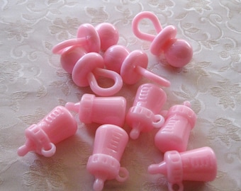 50pc Novelty Acrylic Lucite Pink Baby Bottle and Pacifier Charms, Pendant Beads Mix 161(1)