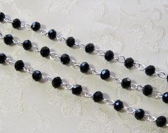 Faceted Black Rondelle Glass 4 x 6mm Beaded Rosary Chain Bright Silver 984-03(21)