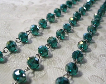 Emerald Green AB Transparent Faceted Rondelle Glass 6mm x 8mm Beaded Rosary Link Chain Silver, Larger Discounted Quantities 964-05(9)