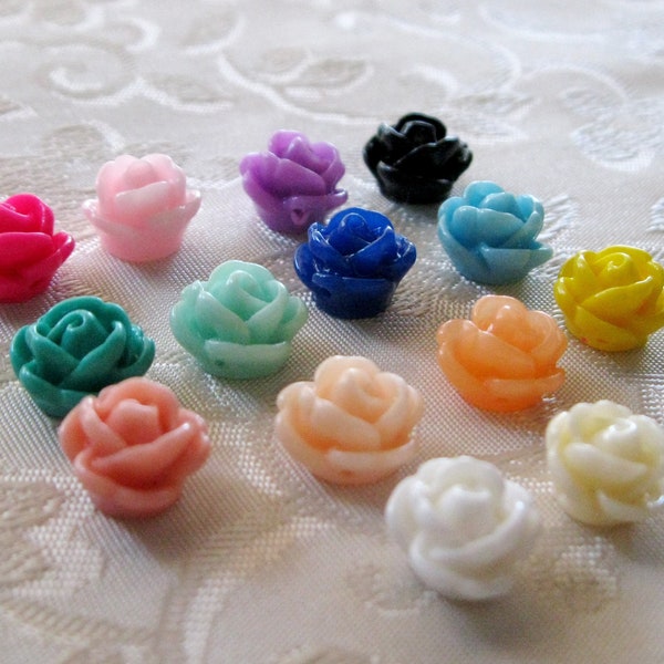 50pcs Drilled Small Resin Rose Flower Beads with Hole, You Pick Colors,  9-10mm Acrylic Lucite 922